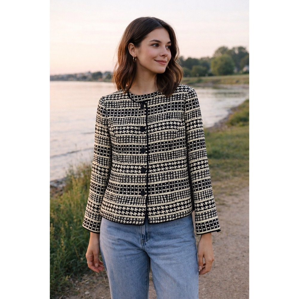 Maggy L 100% Silk Houndstooth Quilted Jacket Black Cream Size 6 Button Front